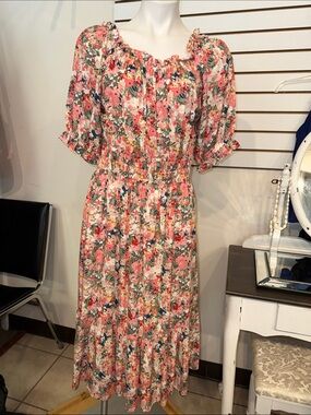 Kate & Sam Floral Ruffle Midi Dress in Pink